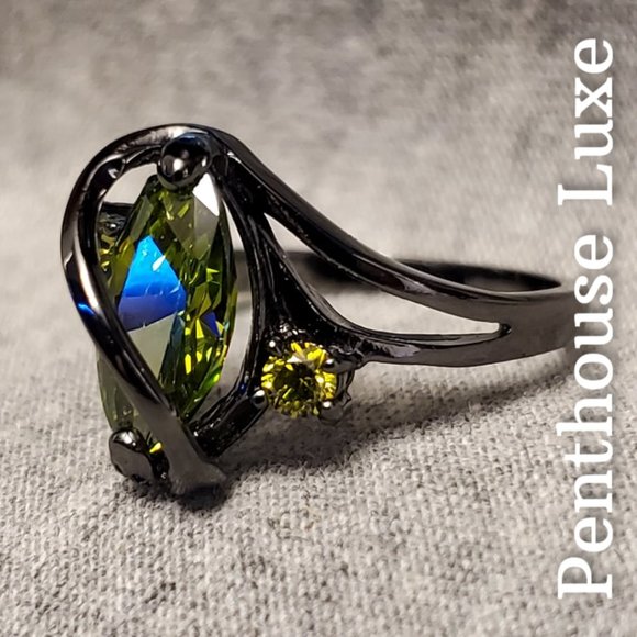 FINAL RESTOCK!! Black Gold Peridot Marquise Ring - Picture 2 of 6